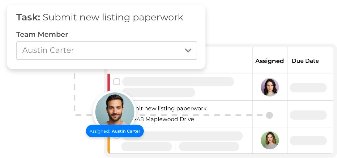 Team task list with priorities and assignment options for real estate agents