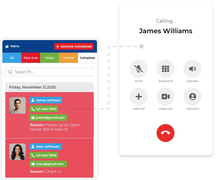 Mobile web app showing phone calling feature for client communication