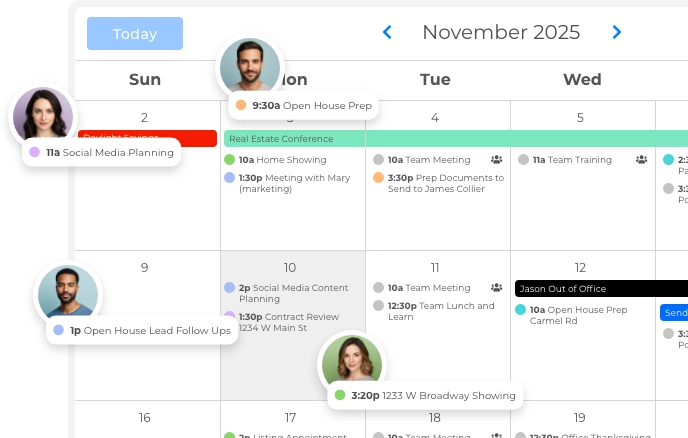 Shared calendar with appointments, deadlines, and reminders for real estate teams