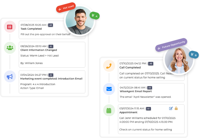 Wise Agent contact management showing centralized contact records and communication history